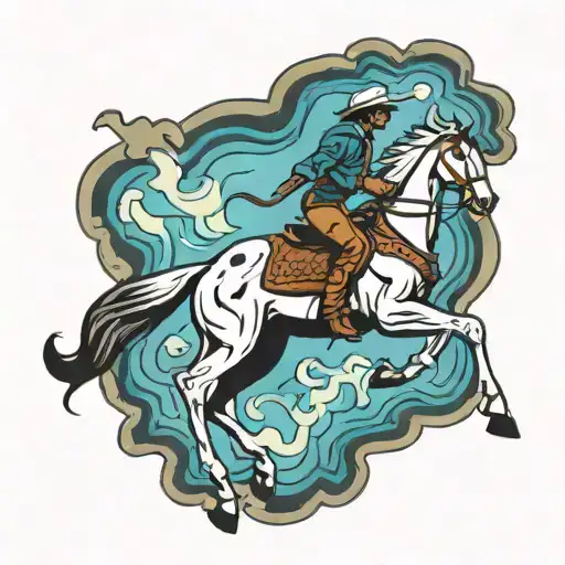 An artistic interpretation of a cowboy silhouette riding a horse, with smoke billowing around them tattoo design idea