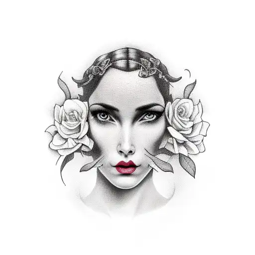 mysterious woman holding an apple tattoo design idea