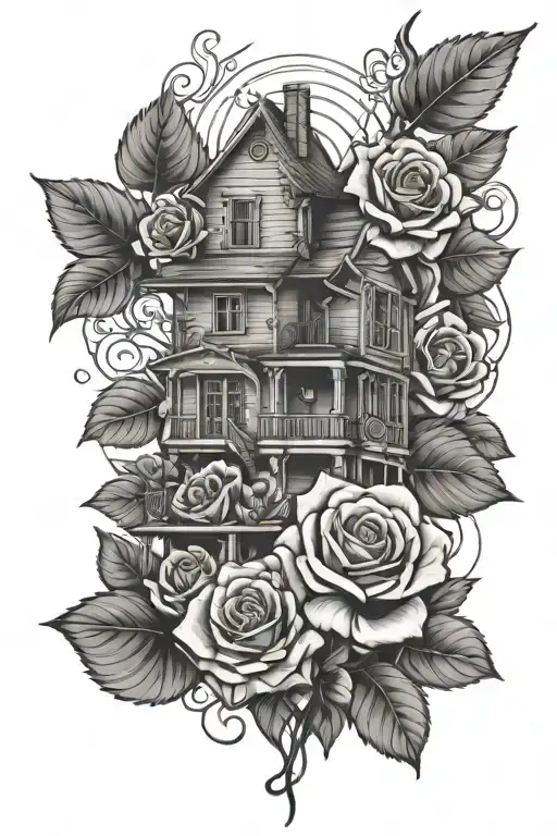 trap house and rose growing and guns  tattoo design idea