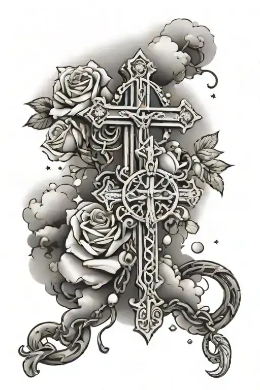 crosses and rosary, clouds and roses, sydney city skyline made tattoo design idea