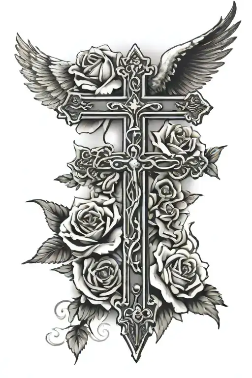crosses and rosary, clouds and roses, sydney city, jesus christ, angel, christian based, writings, tongan doves  tattoo design idea