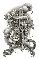 crosses and rosary, clouds and roses, sydney city skyline made tattoo design idea