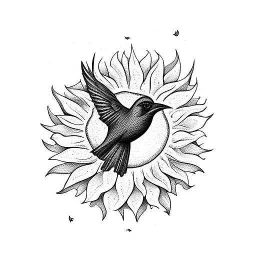 A majestic blackwork bird perched on a blooming sunflower tattoo design idea