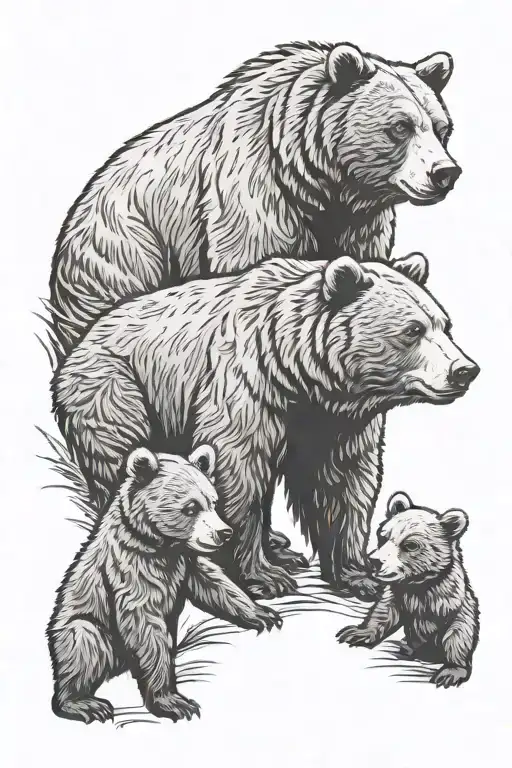 bear family dad, mom, 3 cubs playing tattoo design idea