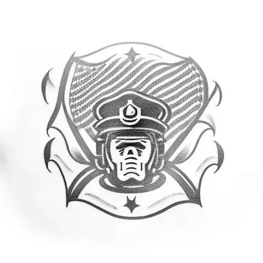 A powerful blackwork tattoo depicting a firefighter's helmet with an American flag pattern, surrounded by trees and mountains tattoo design idea