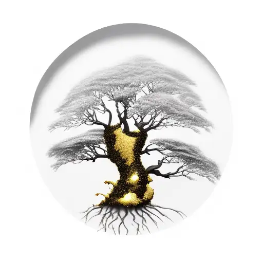 A realistic black evergreen tree dripping gold with abdstract drip details tattoo design idea