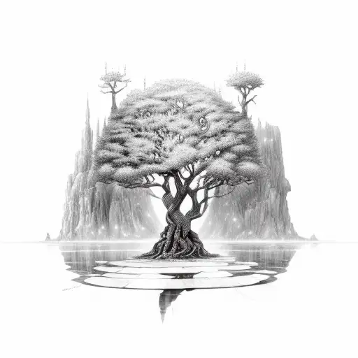 A magical library hidden within the branches of a mystical tree, with fantasy creatures reading books tattoo design idea