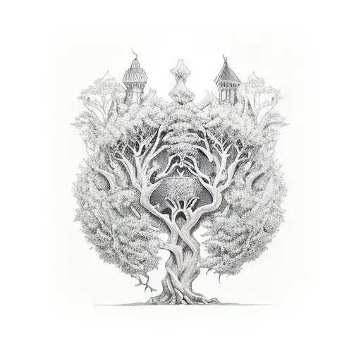 A magical library hidden within the branches of a mystical tree, with fantasy creatures reading books tattoo design idea