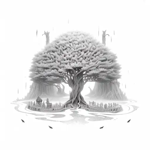 A magical library hidden within the branches of a mystical tree, with fantasy creatures reading books tattoo design idea
