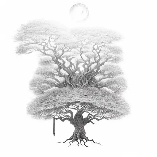 A magical library hidden within the branches of a mystical tree, with fantasy creatures reading books tattoo design idea