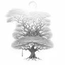 A magical library hidden within the branches of a mystical tree, with fantasy creatures reading books tattoo design idea