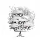 A magical library hidden within the branches of a mystical tree, with fantasy creatures reading books tattoo design idea