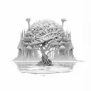A magical library hidden within the branches of a mystical tree, with fantasy creatures reading books tattoo design idea