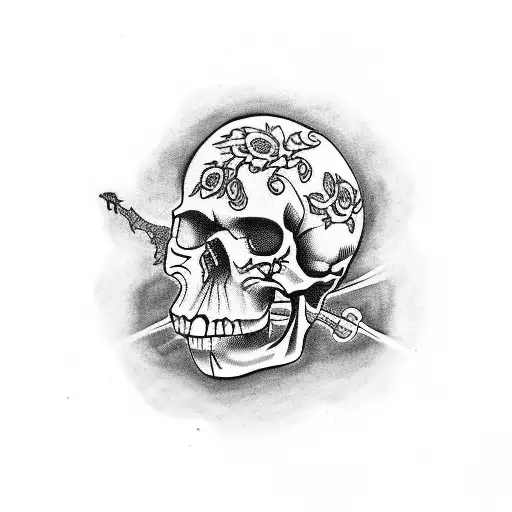 A tattoo featuring a skull with intricate blackwork details, incorporating elements from your favorite movies and series tattoo design idea