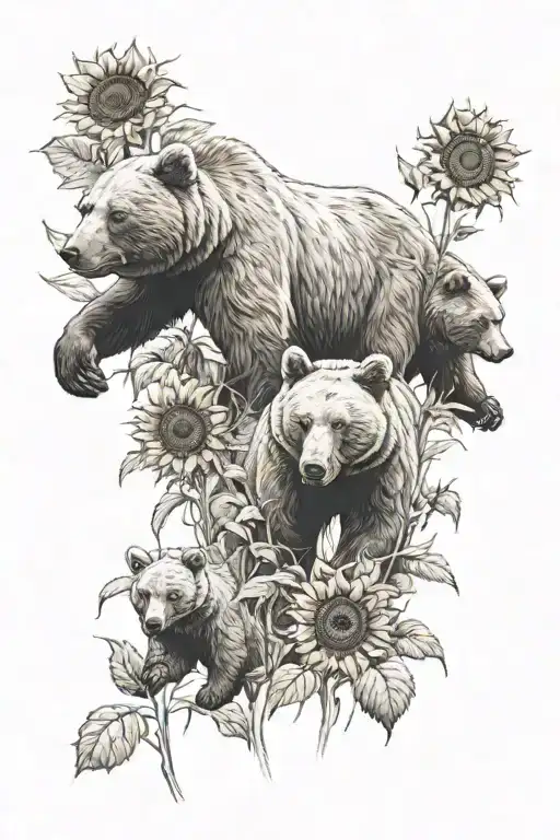 Two big bears with two cubs playing sunflower field tattoo design idea