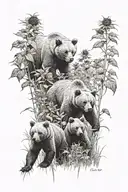 Two big bears with two cubs playing sunflower field tattoo design idea