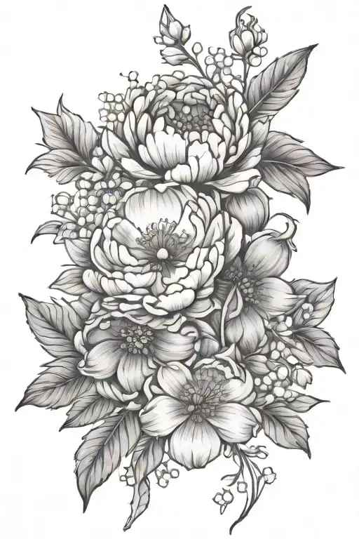 peony, cosmos, violet, hawthorne, lily of the valley, marigold flowers  tattoo design idea