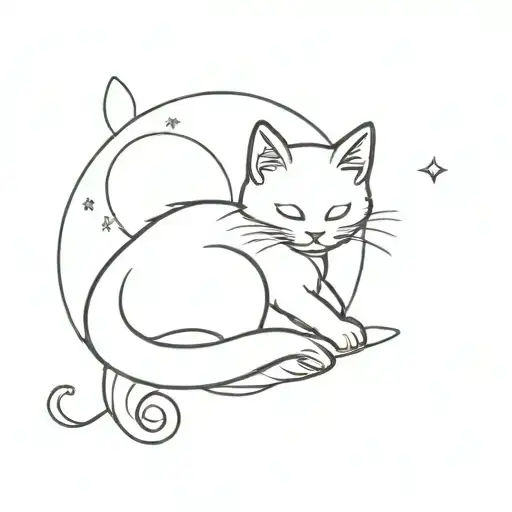Angel newborn small cozy curled up cat in a full moon, and the cat is actually the craters of the full moon tattoo design idea