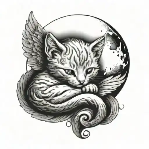 Angel newborn small cozy curled up cat and full moon tattoo design idea