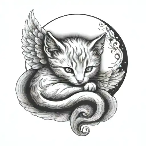 Angel newborn small cozy curled up cat and full moon tattoo design idea