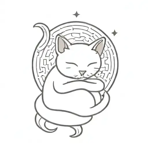Angel newborn small cozy curled up cat in a full moon. the cat is abstract tattoo design idea