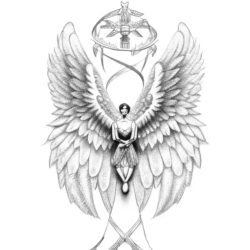 a Ruby gemstone with angel wings and a ribbon  tattoo design idea