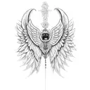 a Ruby gemstone with angel wings and a ribbon  tattoo design idea