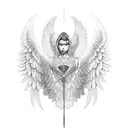 a Ruby gemstone with angel wings and a ribbon  tattoo design idea