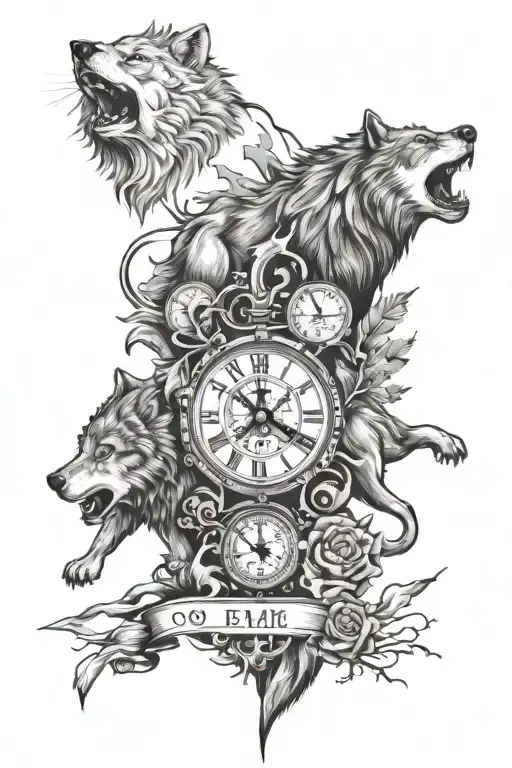 Wolves, Lions, Compasses, Clock, mountain, lightning  tattoo design idea