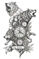 Wolves, Lions, Compasses, Clock, mountain, lightning  tattoo design idea