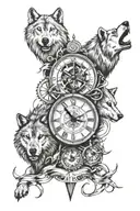 Wolves, Lions, Compasses, Clock, mountain, lightning  tattoo design idea