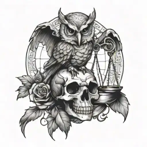 A combination of a globe, an owl, a scythe, an hourglass, a skull and a scale of justice. (For Santa Muerte)  tattoo design idea