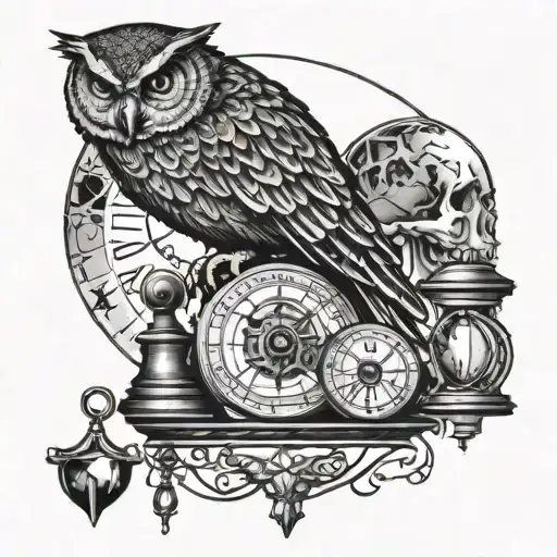 A combination of a globe, an owl, a scythe, an hourglass, a skull and a scale of justice.  tattoo design idea