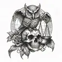 A combination of a globe, an owl, a scythe, an hourglass, a skull and a scale of justice. (For Santa Muerte)  tattoo design idea