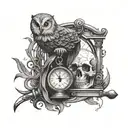 A combination of a globe, an owl, a scythe, an hourglass, a skull and a scale of justice. (For Santa Muerte)  tattoo design idea