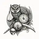 A combination of a globe, an owl, a scythe, an hourglass, a skull and a scale of justice. (For Santa Muerte)  tattoo design idea