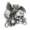 A combination of a globe, an owl, a scythe, an hourglass, a skull and a scale of justice. (For Santa Muerte)  tattoo design idea