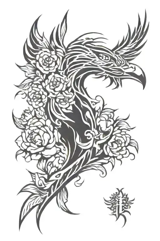 Burning phoenix with peonies growing tattoo design idea