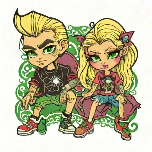 blonde bratz with green eyes and with a bratz boy tattoo design idea