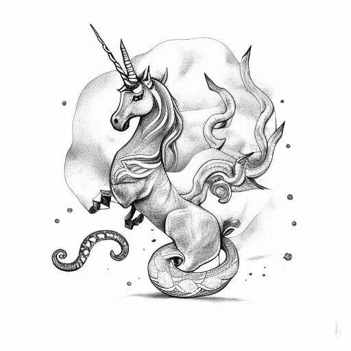 an epic moment where a unicorn battles a gigantic serpent. The serpent has coiled around the unicorn, and at that moment tattoo design idea