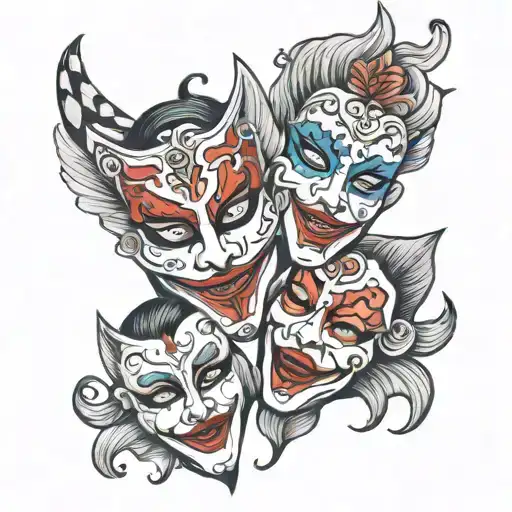 theatre masks with different emotions tattoo design idea