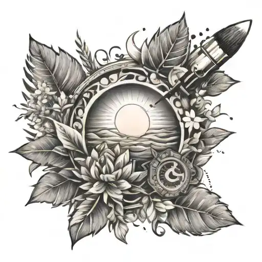 An intricate tattoo of a paintbrush and palette surrounded by various plants and a sun, in dotwork style tattoo design idea