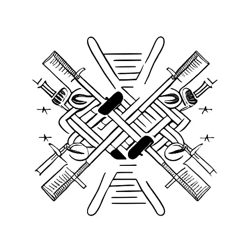 A cuestick and a barbell crossed over each other, symbolizing the client's love for both billiards and the gym tattoo design idea