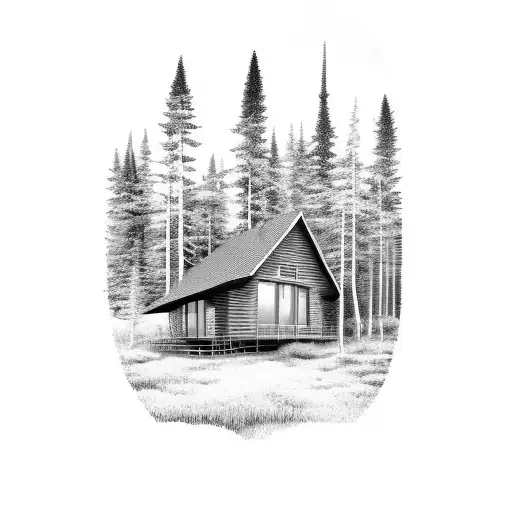 A serene cabin nestled in the midst of a forest tattoo design idea