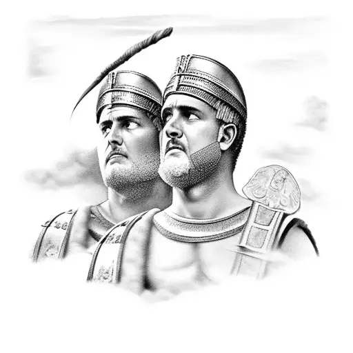 ancient Roman centurions marching into battle. zues looking own from above through clouds tattoo design idea