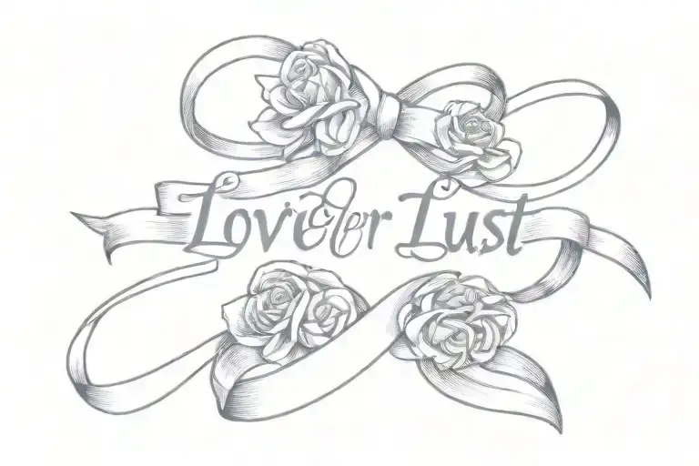 ribbon saying "love over lust" tattoo design idea