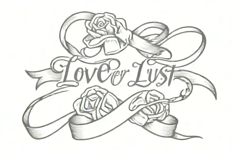 ribbon saying "love over lust" tattoo design idea