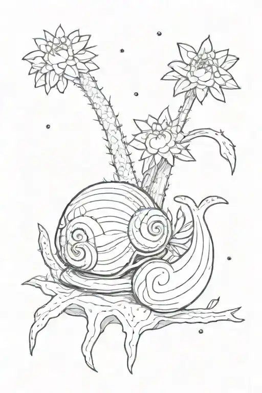 Microrealism with Enchanting Table Language, Snail Shell, Cacti, Pluto tattoo design idea