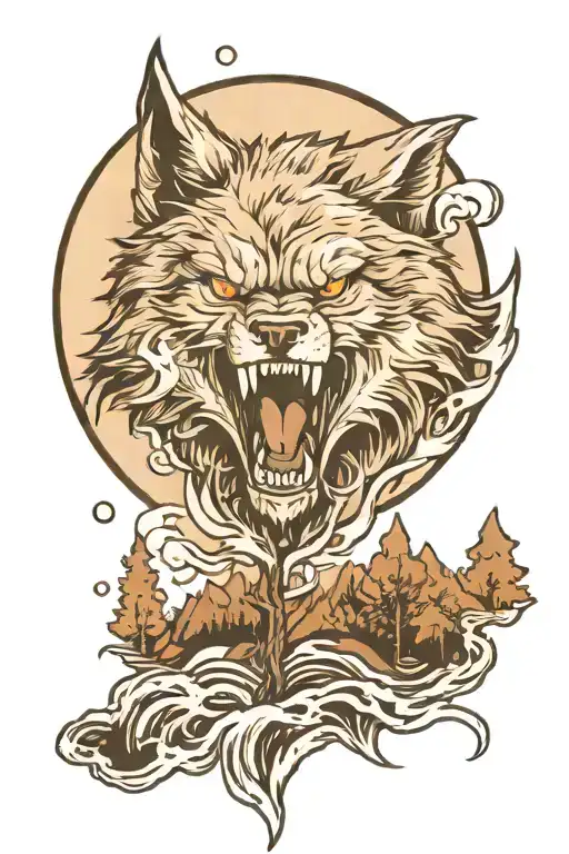 angry wolf head with moon mountain trees water   tattoo design idea