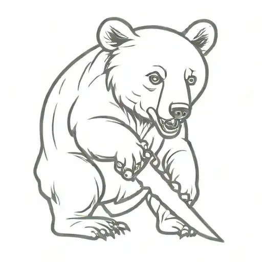 bear cub holding a knife and blood in mouth open tattoo design idea